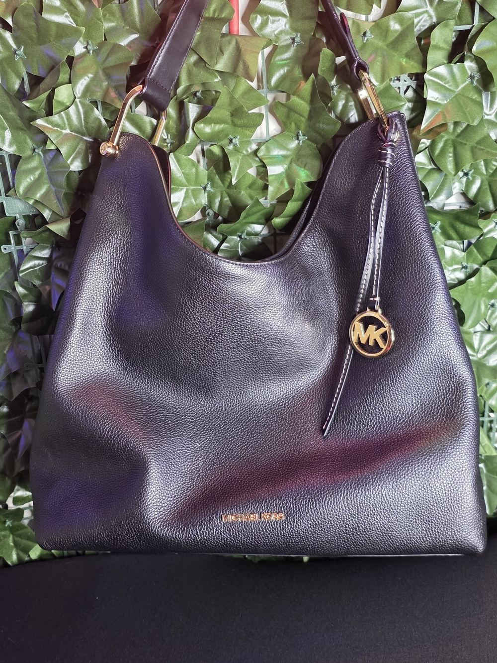 Michael Kors Black Leather Shoulder Hobo with Gold MK Charm